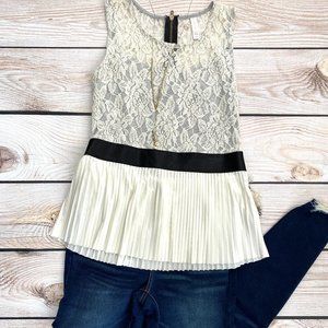 Lace Pleated Chifon Black Ribbon Waist Tank Blouse - Medium